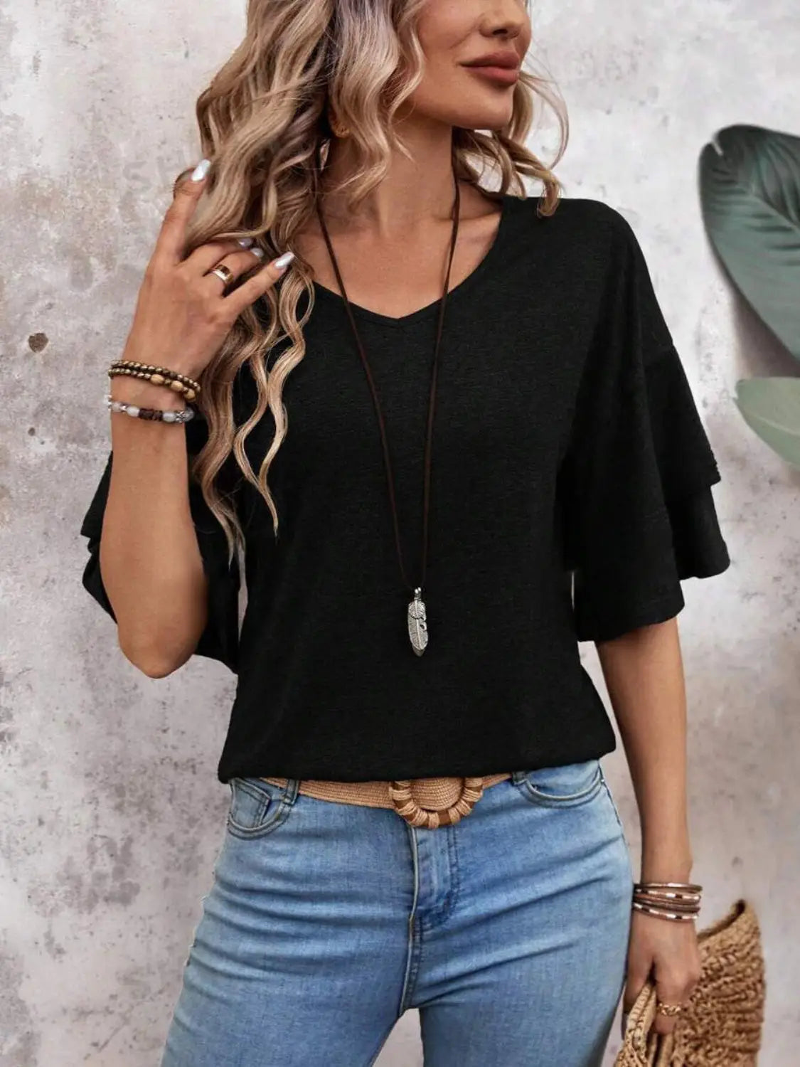 Marisela — Sheer White Blouse With Elegant Half Sleeve Summer Style Black