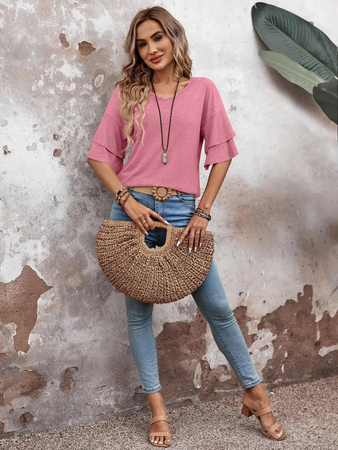 Marisela — Sheer White Blouse With Elegant Half Sleeve Summer Style Dusty Pink
