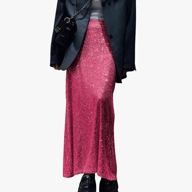 Celestine — Shimmering Sequin Maxi Skirt With High-Waisted Elegant Evening Design Magenta