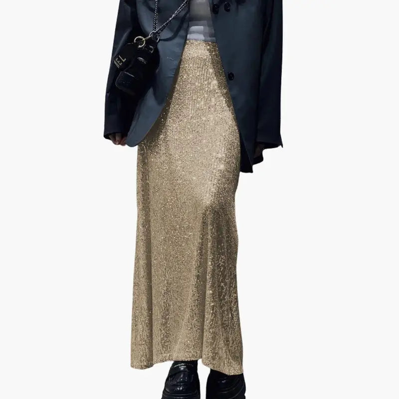 Celestine — Shimmering Sequin Maxi Skirt With High-Waisted Elegant Evening Design Apricot