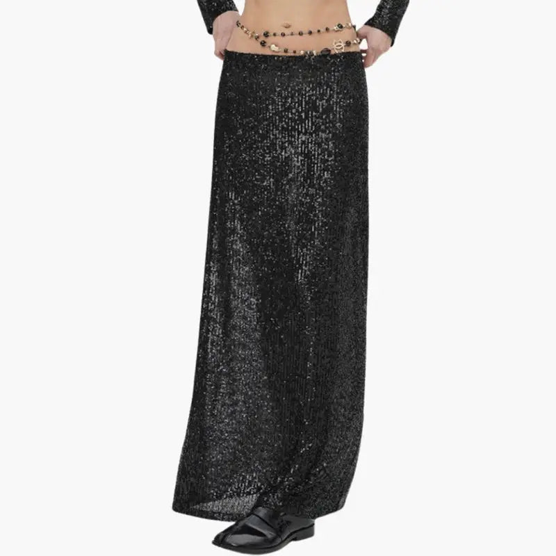 Celestine — Shimmering Sequin Maxi Skirt With High-Waisted Elegant Evening Design Black