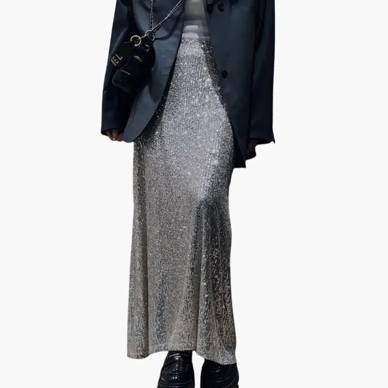 Celestine — Shimmering Sequin Maxi Skirt With High-Waisted Elegant Evening Design Silver