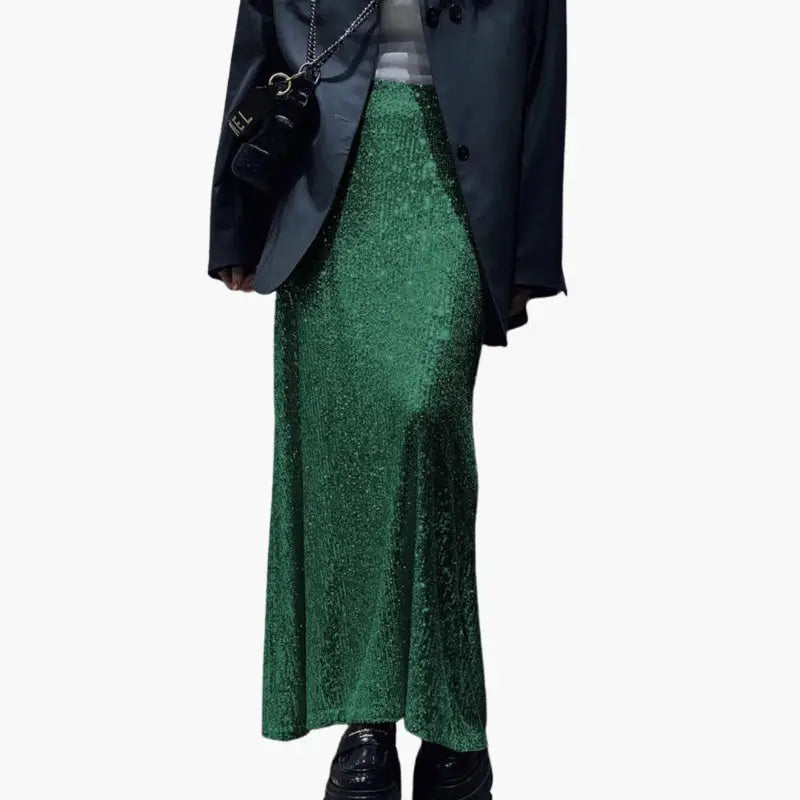Celestine — Shimmering Sequin Maxi Skirt With High-Waisted Elegant Evening Design Dark Green
