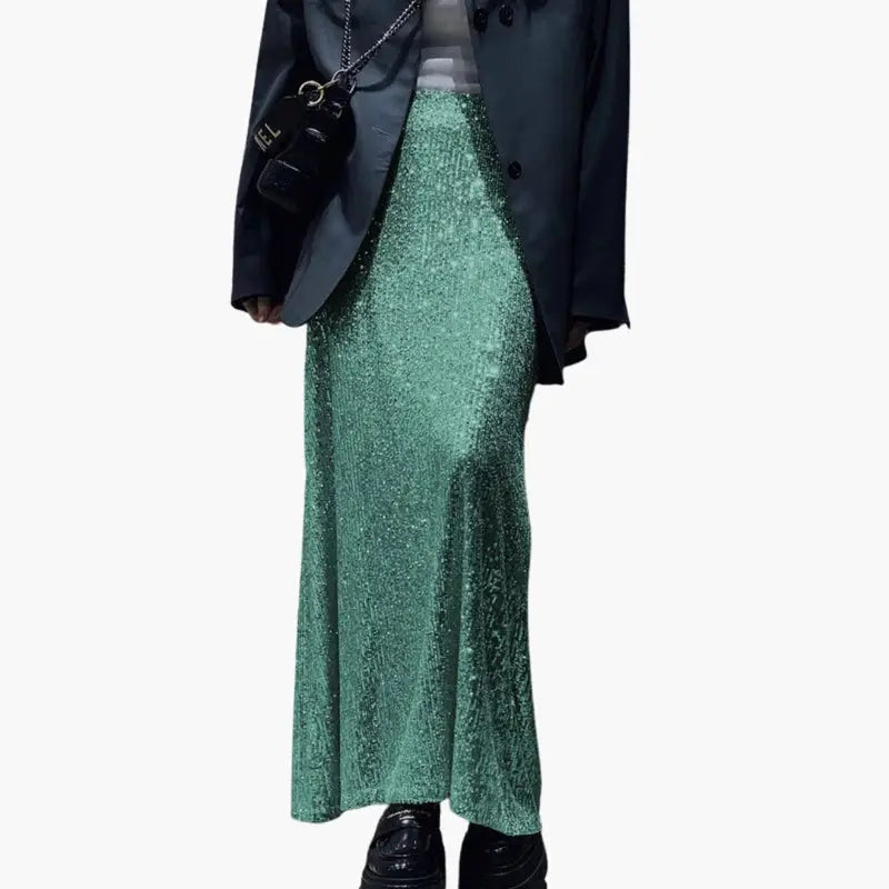 Celestine — Shimmering Sequin Maxi Skirt With High-Waisted Elegant Evening Design Turquoise