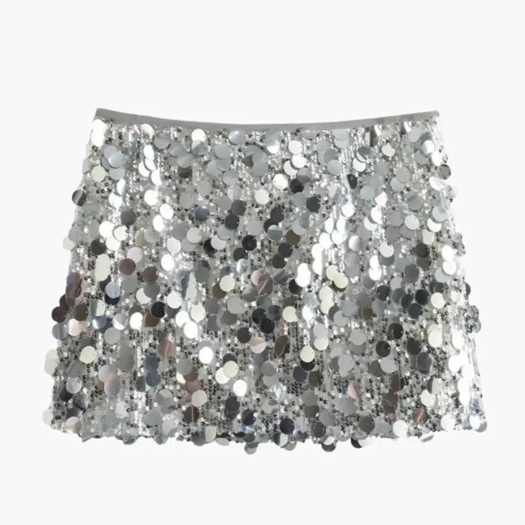 Glitterati — Shimmering Sequin Mini Skirt With Sleek Straight Hem Party Design Silver