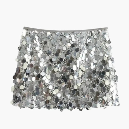 Glitterati — Shimmering Sequin Mini Skirt With Sleek Straight Hem Party Design Silver