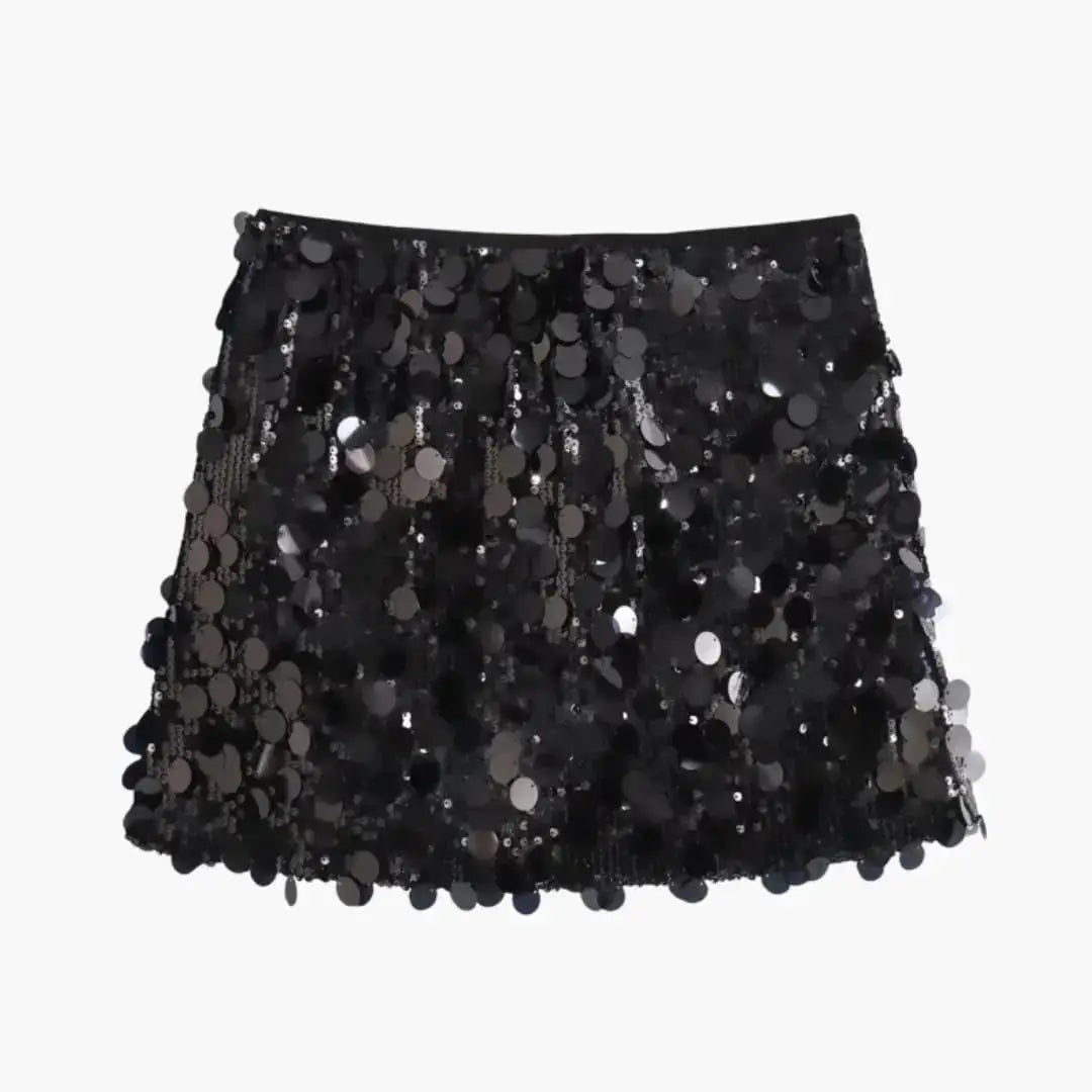 Glitterati — Shimmering Sequin Mini Skirt With Sleek Straight Hem Party Design Black