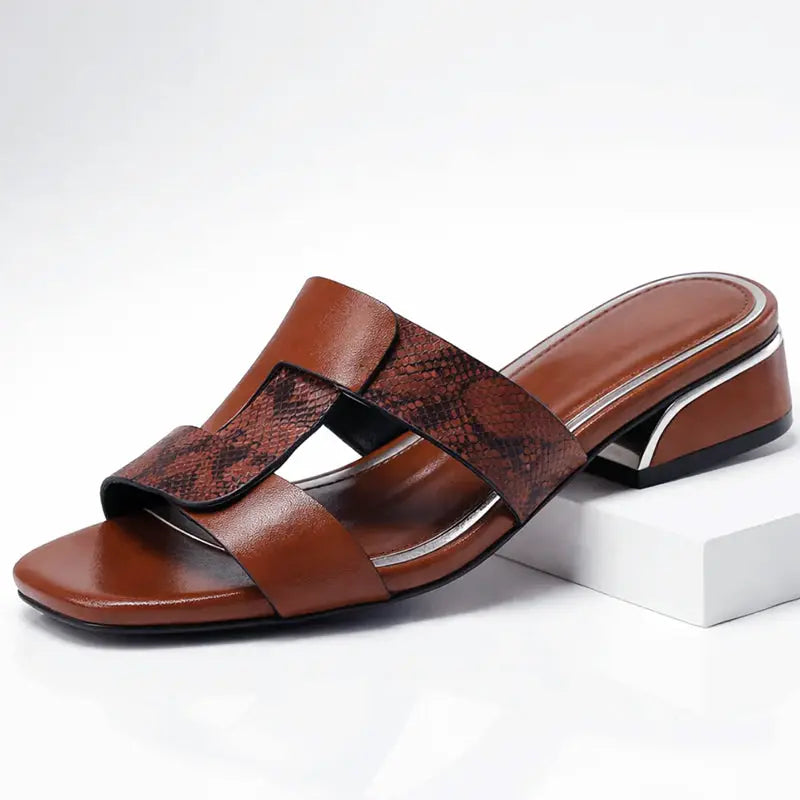 Serpentine — Smooth Leather T-Strap Sandals With Elegant Snake Print Casual Design Brown