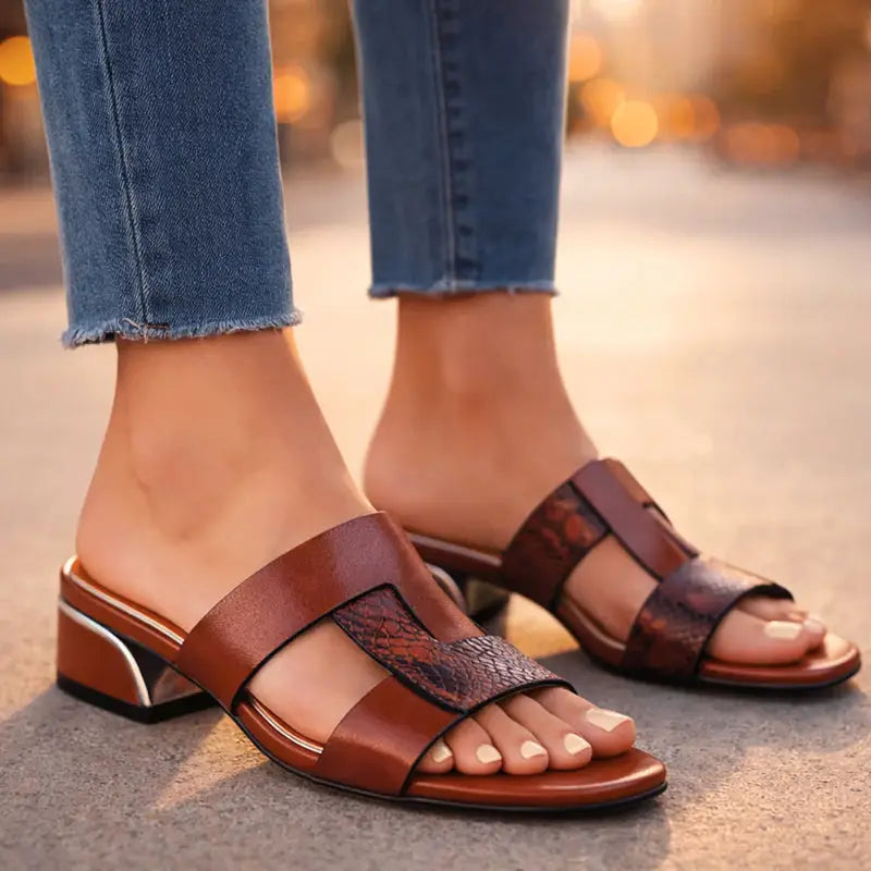Serpentine — Smooth Leather T-Strap Sandals With Elegant Snake Print Casual Design