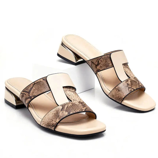 Serpentine — Smooth Leather T-Strap Sandals With Elegant Snake Print Casual Design