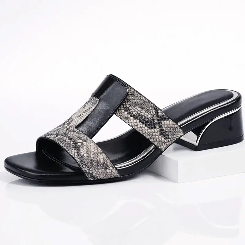 Serpentine — Smooth Leather T-Strap Sandals With Elegant Snake Print Casual Design Black