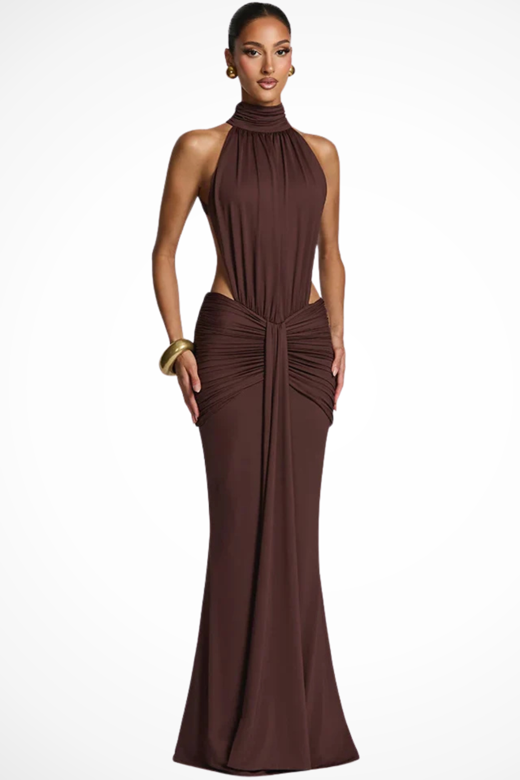 Backlesshigh — Soft Draped Maxi Dress With High Neck Backless Wedding Design Brown
