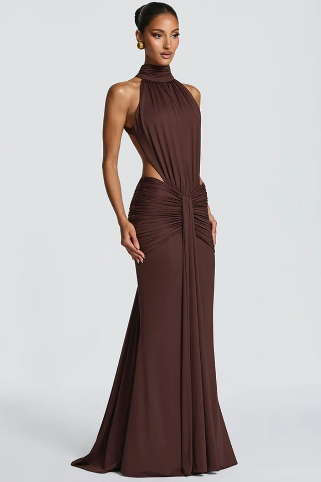 Backlesshigh — Soft Draped Maxi Dress With High Neck Backless Wedding Design