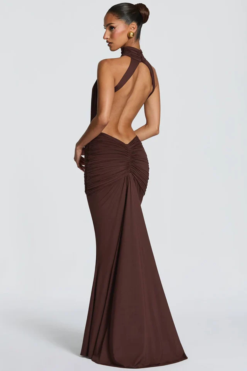 Backlesshigh — Soft Draped Maxi Dress With High Neck Backless Wedding Design