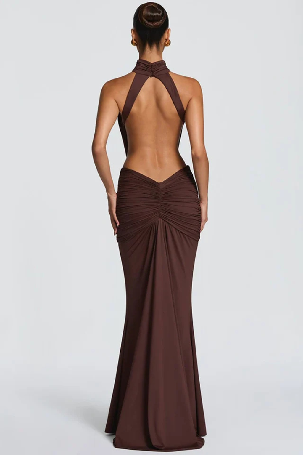 Backlesshigh — Soft Draped Maxi Dress With High Neck Backless Wedding Design