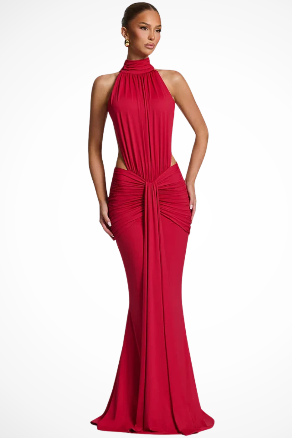 Backlesshigh — Soft Draped Maxi Dress With High Neck Backless Wedding Design Red