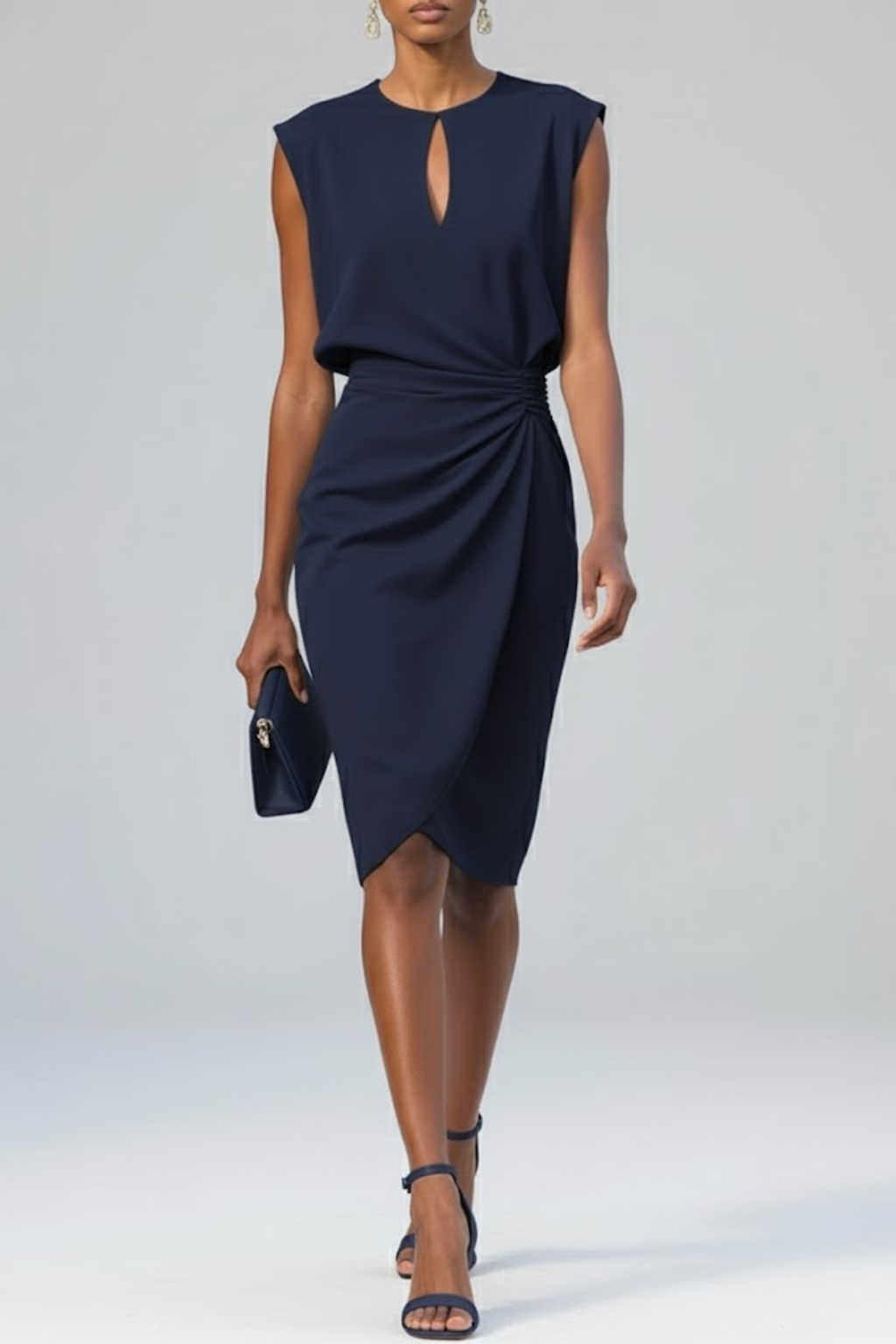 Magnolia — Soft Fabric Midi Dress With Elegant Keyhole Neck And Ruched Waist Dark Blue