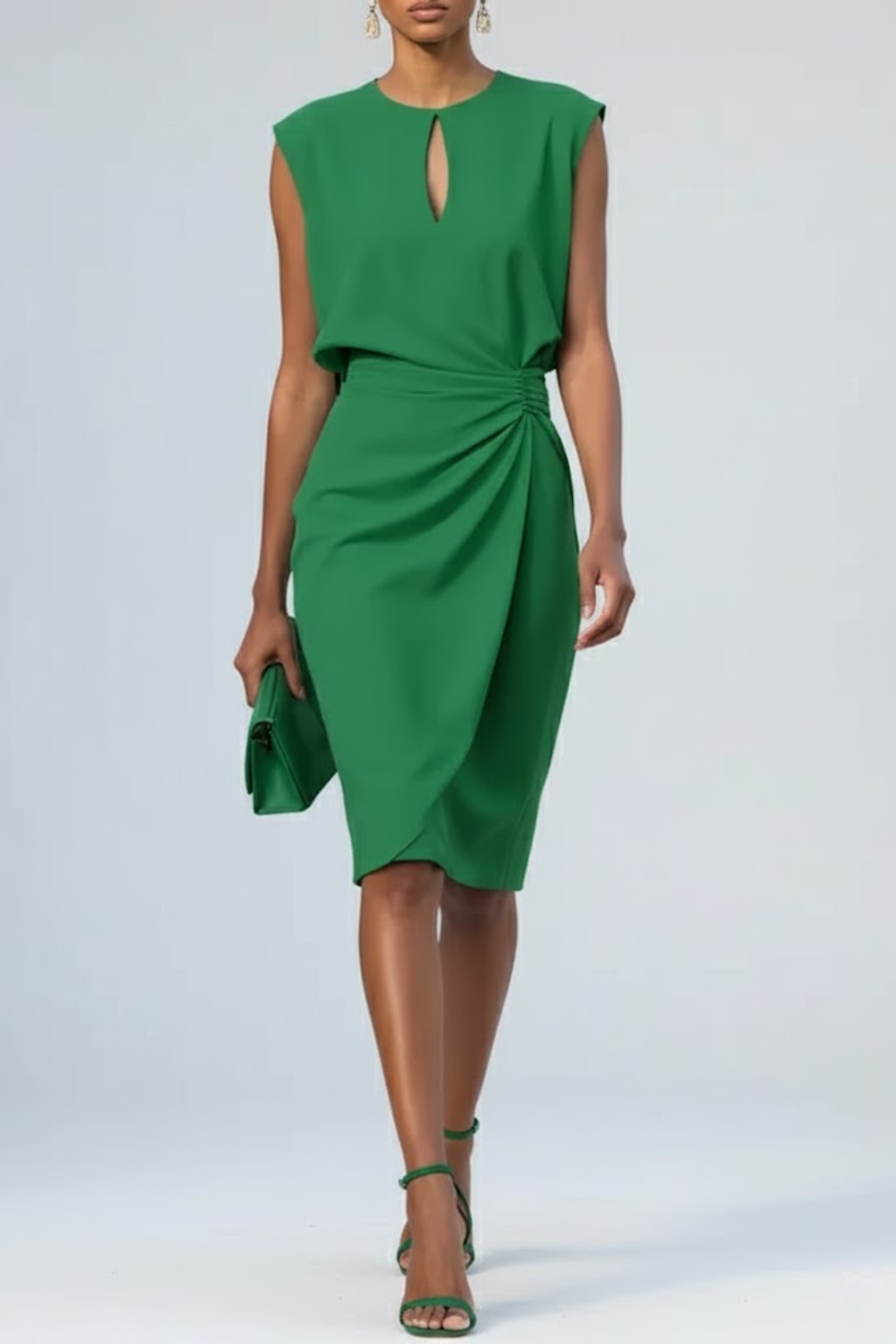 Magnolia — Soft Fabric Midi Dress With Elegant Keyhole Neck And Ruched Waist Green