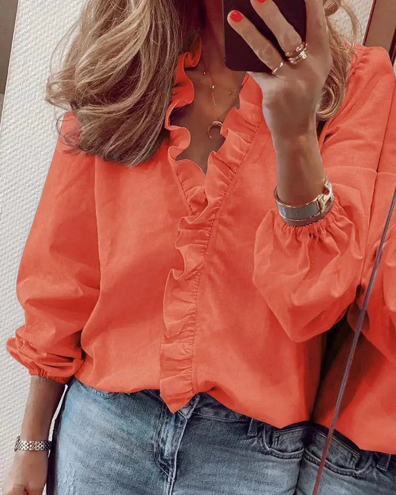 Odalys — Soft Polyester Blouse With Romantic Ruffled Neckline Long Sleeve Style Orange
