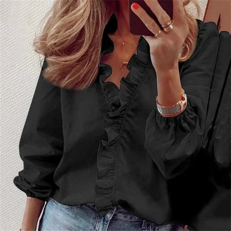 Odalys — Soft Polyester Blouse With Romantic Ruffled Neckline Long Sleeve Style Black
