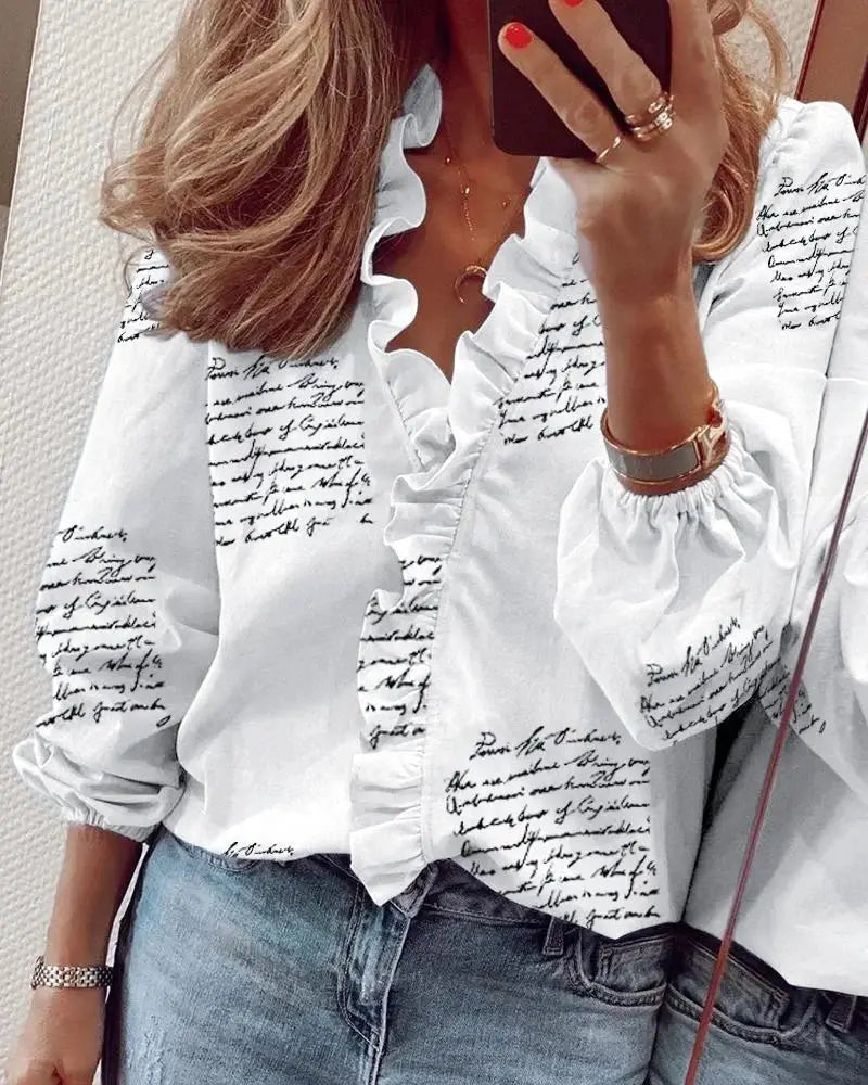 Odalys — Soft Polyester Blouse With Romantic Ruffled Neckline Long Sleeve Style White and Black