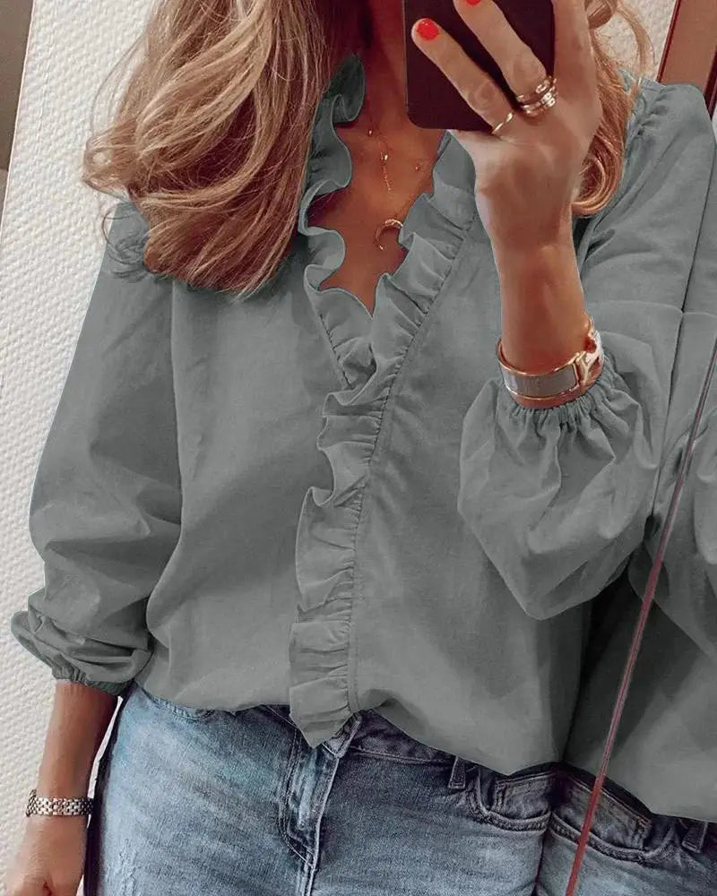 Odalys — Soft Polyester Blouse With Romantic Ruffled Neckline Long Sleeve Style Grey