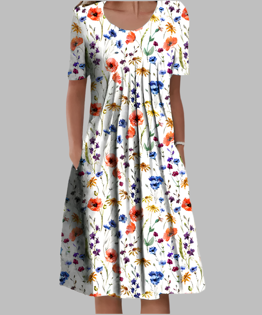 Linnea — Soft Midi Dress With Elegant Flowy Summer Style White and Red