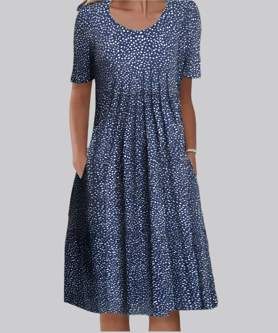 Linnea — Soft Midi Dress With Elegant Flowy Summer Style Blue Polka Dots