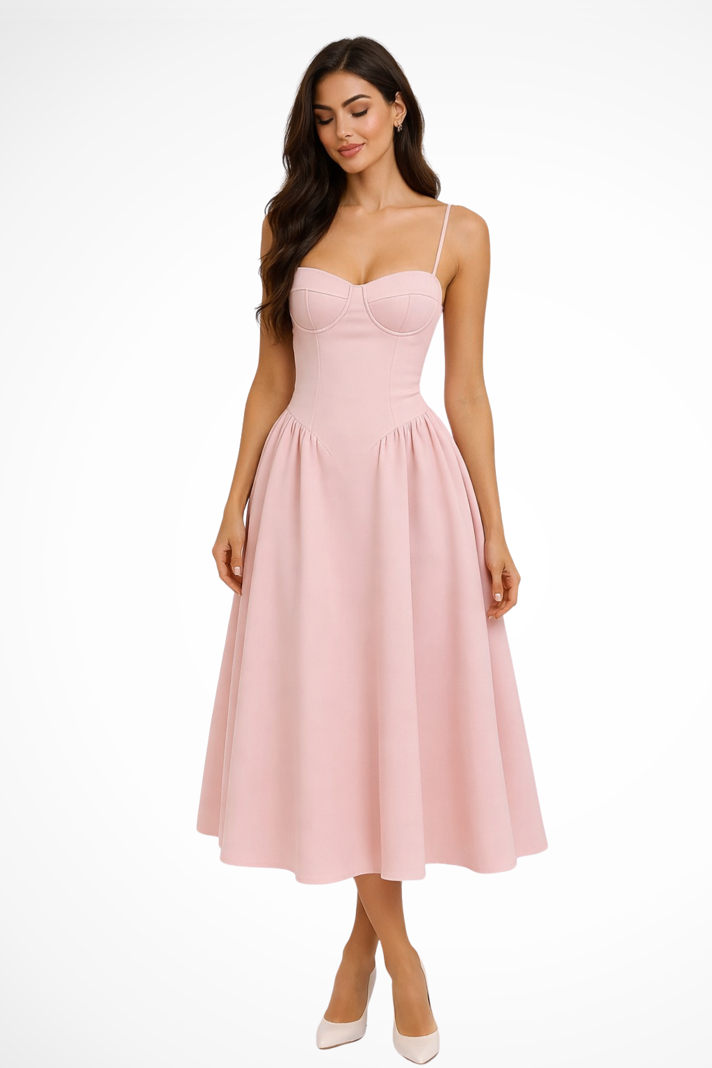 Aflarecorset — Structured Corset Midi Dress With Flared A-Line Silhouette Wedding Design Pink