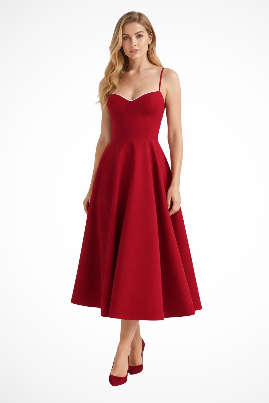 Flaredcorset — Structured Corset Midi Dress With Flared Elegant Formal Gown Design Red