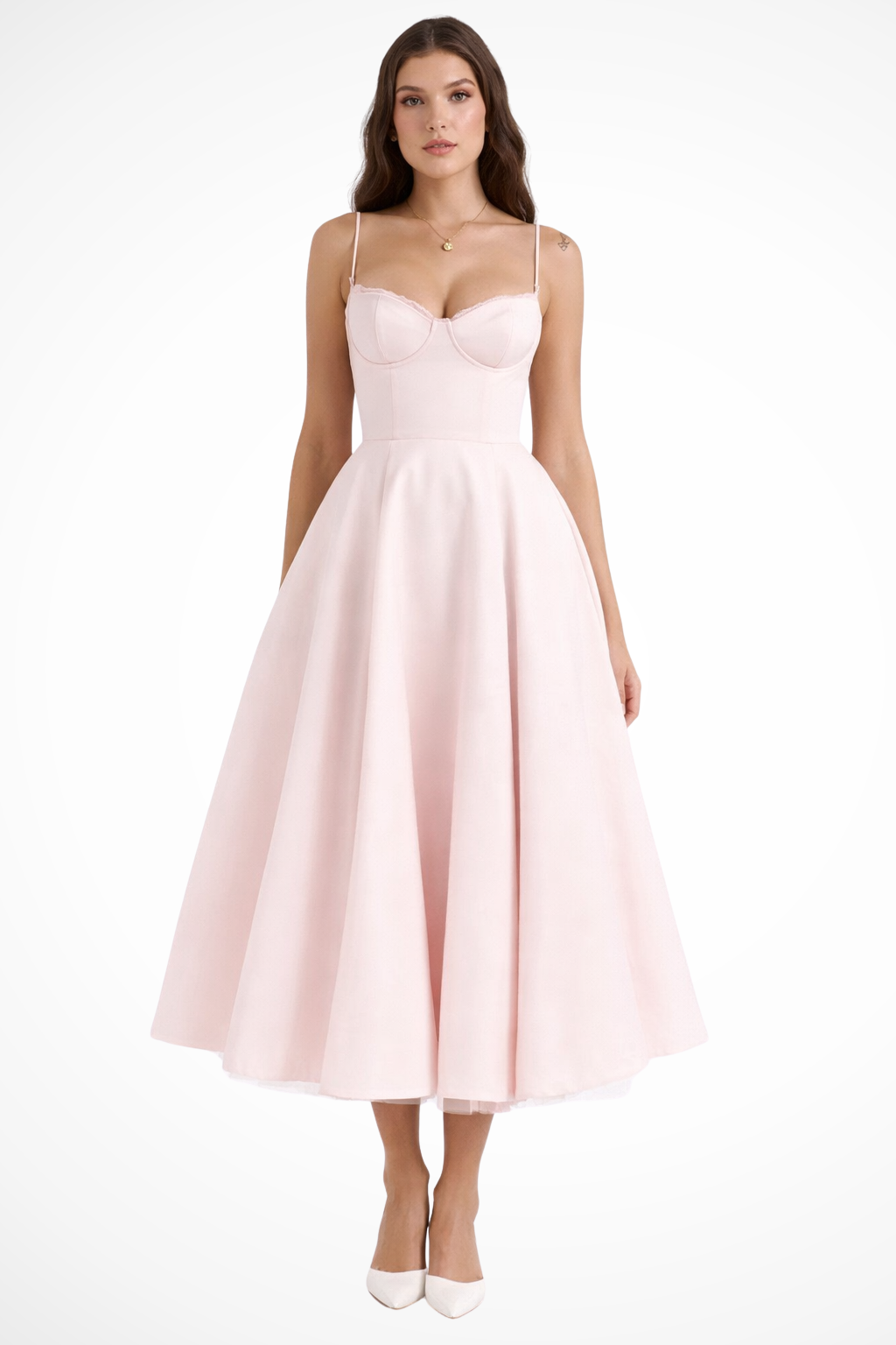 Flaredcorset — Structured Corset Midi Dress With Flared Elegant Formal Gown Design Pink