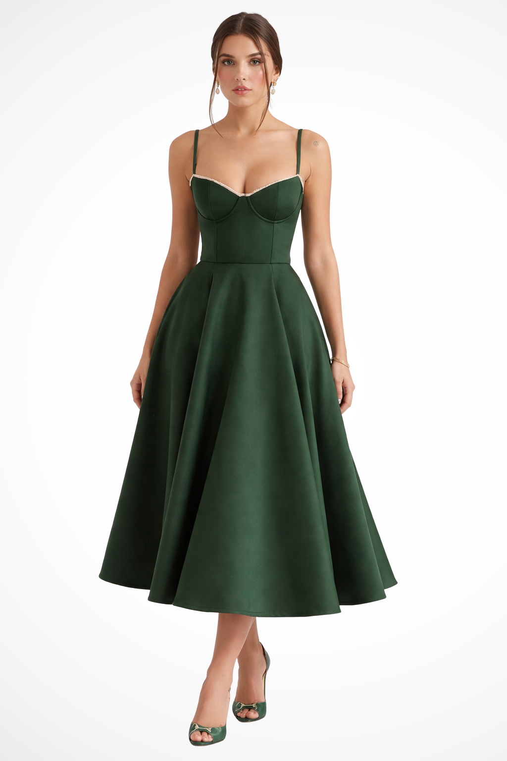 Flaredcorset — Structured Corset Midi Dress With Flared Elegant Formal Gown Design Green