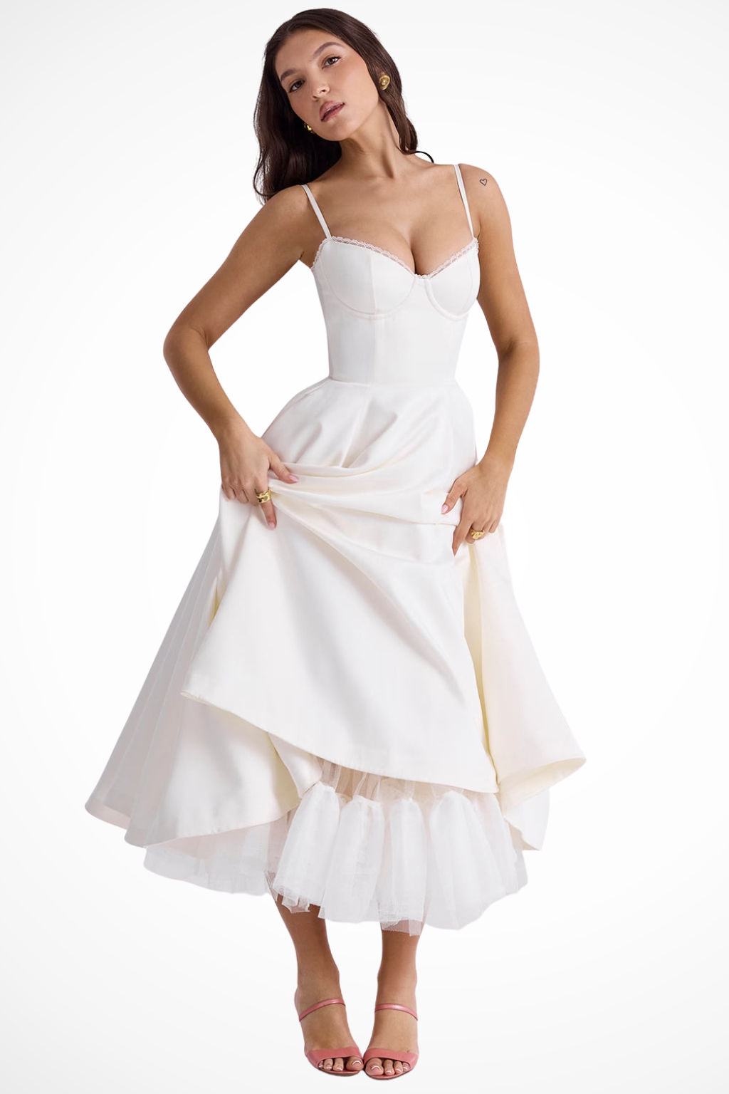Flaredcorset — Structured Corset Midi Dress With Flared Elegant Formal Gown Design