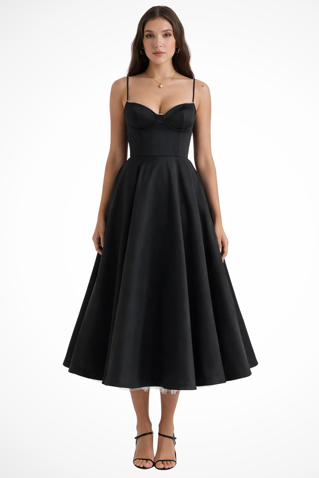 Flaredcorset — Structured Corset Midi Dress With Flared Elegant Formal Gown Design Black