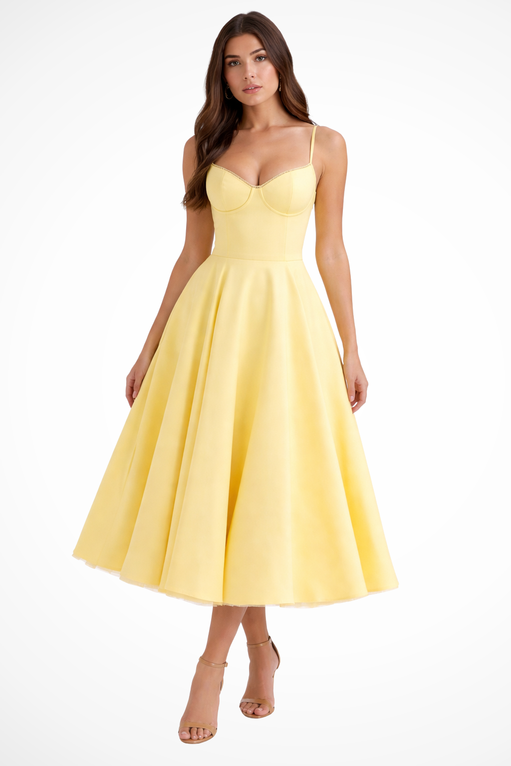 Flaredcorset — Structured Corset Midi Dress With Flared Elegant Formal Gown Design Yellow