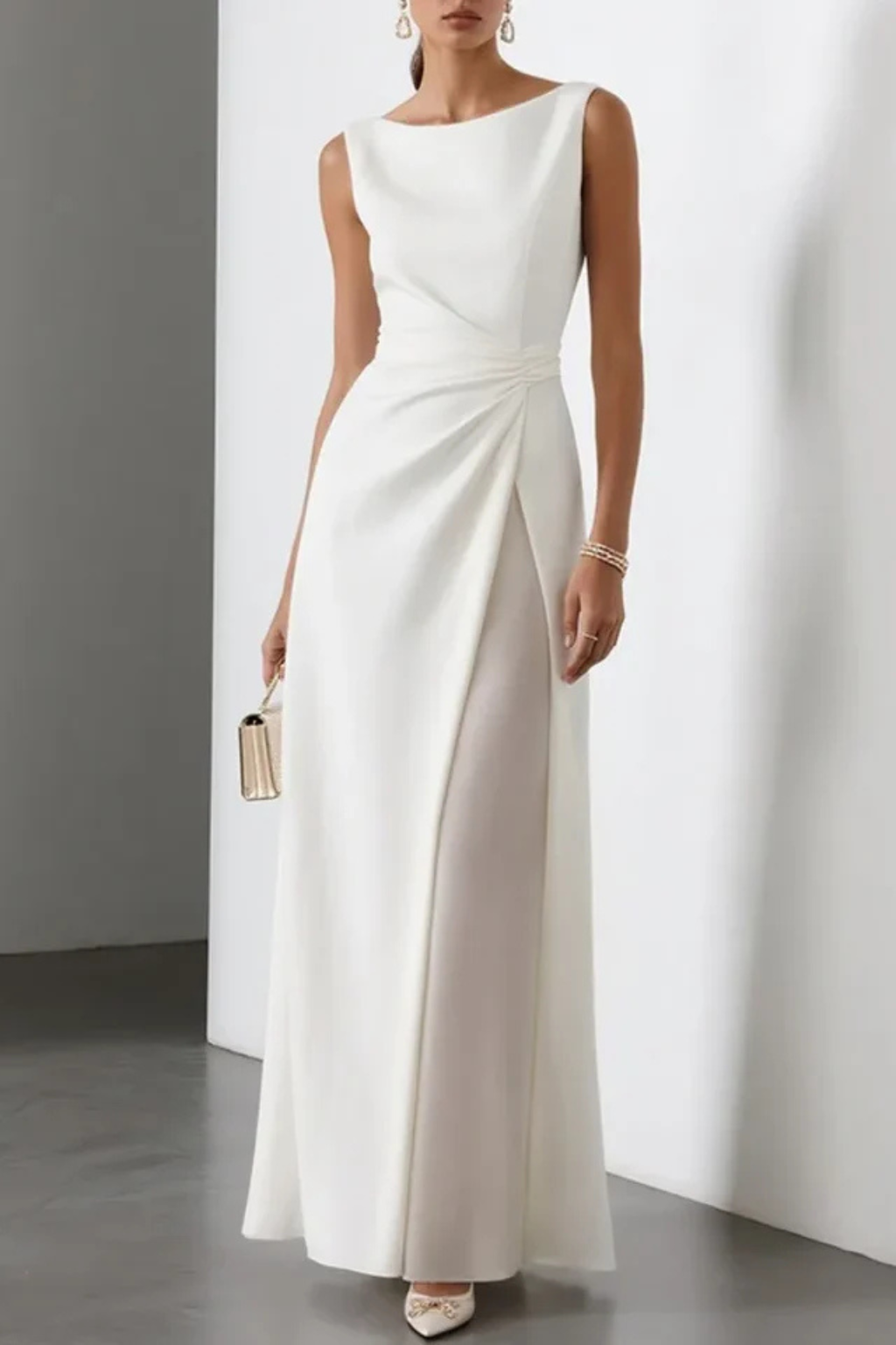 Boatneck — Structured Fabric Maxi Dress With Boat Neck Sleeveless Wedding Design