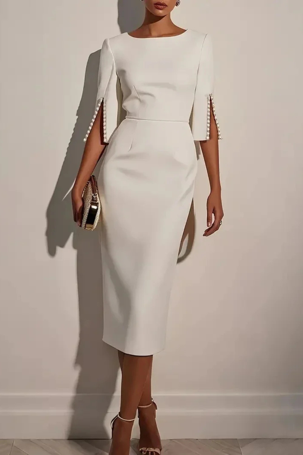 Beaddetail — Structured Midi Dress With Bead Detail Split Sleeve Wedding Design