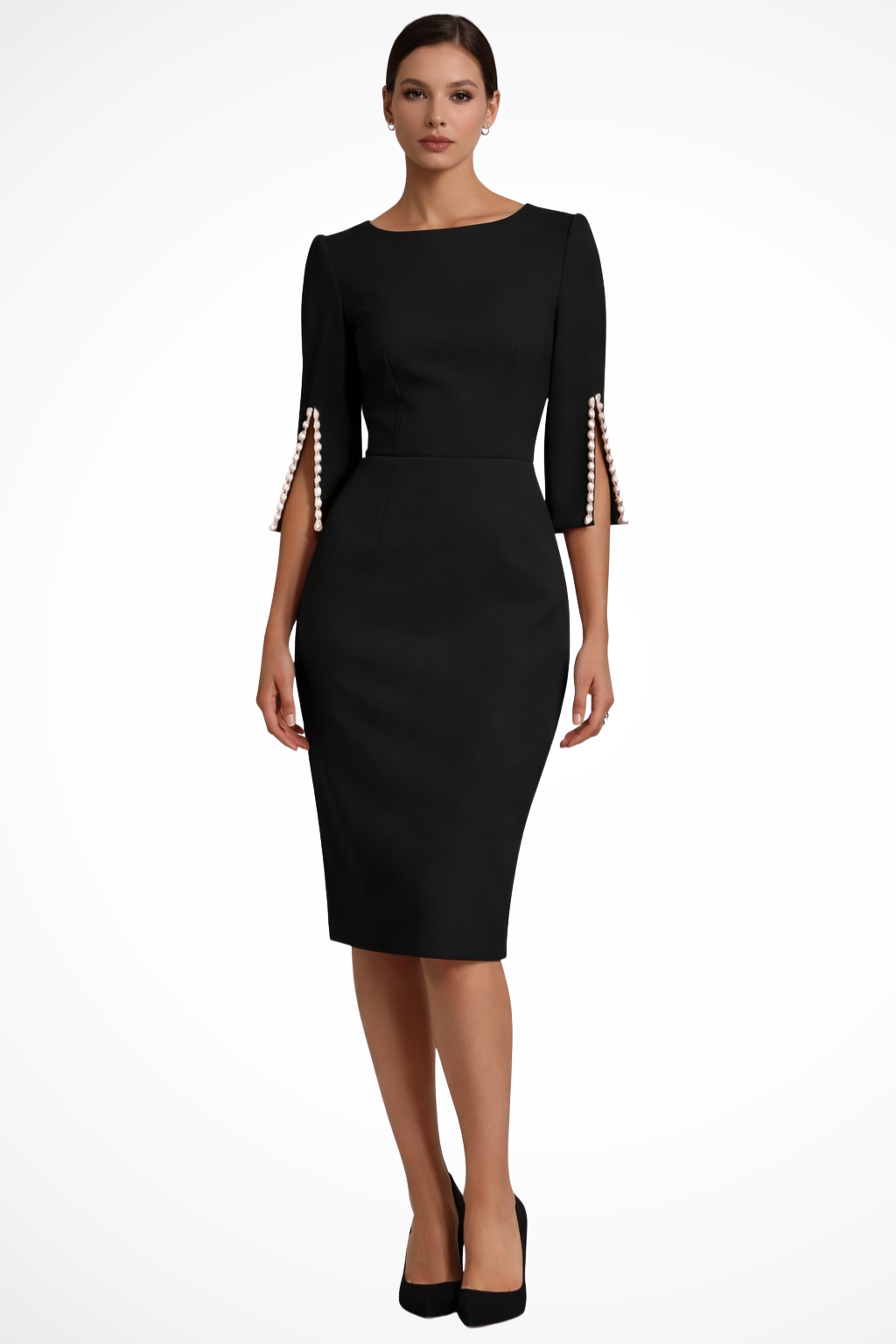 Beaddetail — Structured Midi Dress With Bead Detail Split Sleeve Wedding Design Black