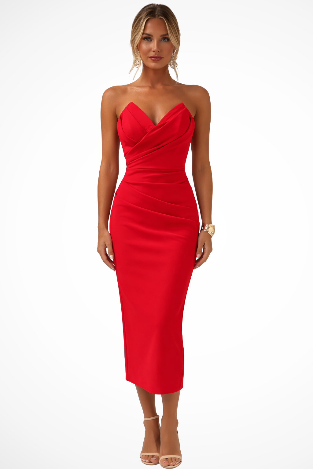 Henrietta — Structured Midi Dress With Elegant Strapless Sweetheart Neckline Red