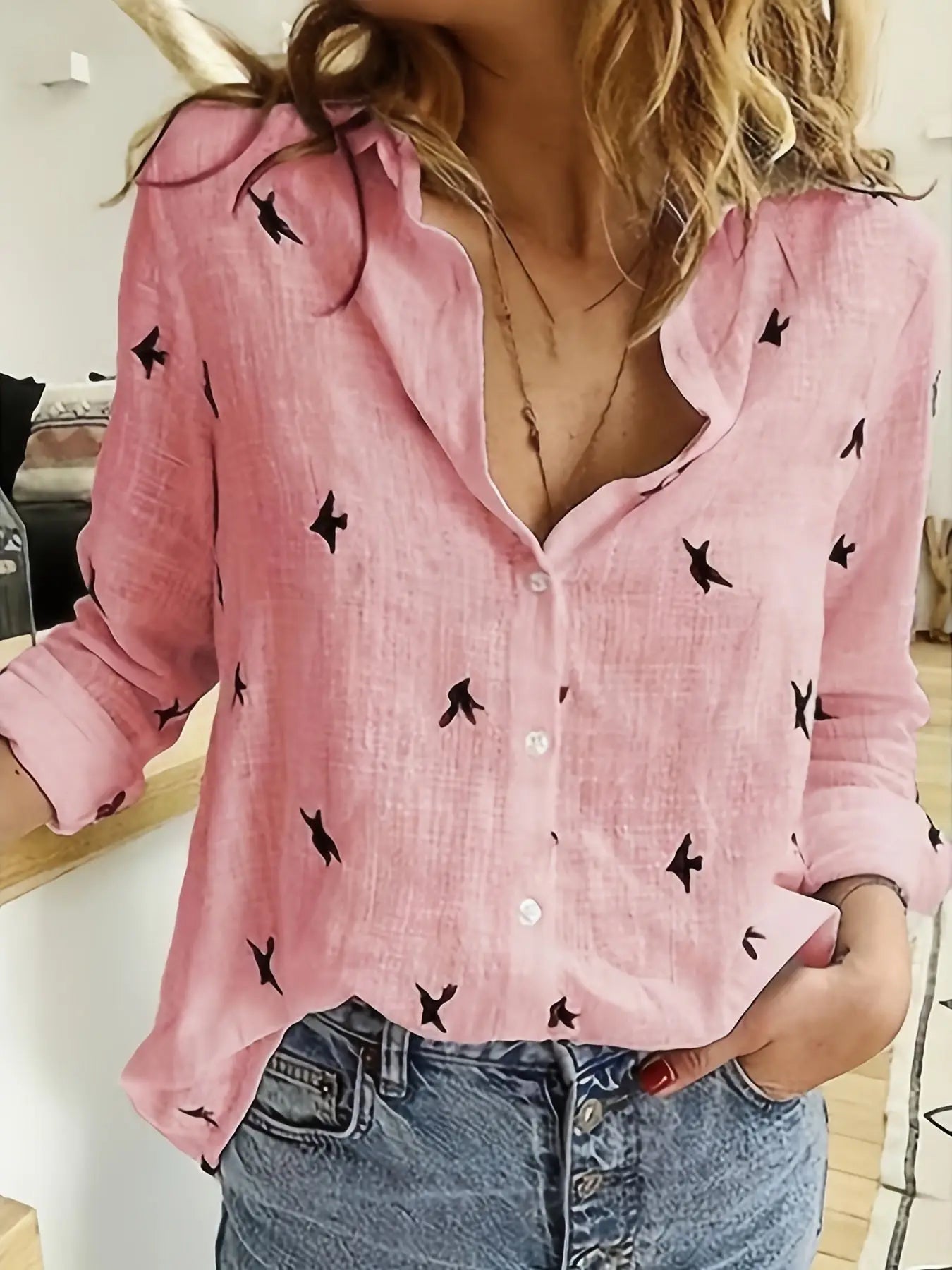 Florentina — Stylish Printed Polyester Shirt With Comfortable Long Sleeve Button Front Pink
