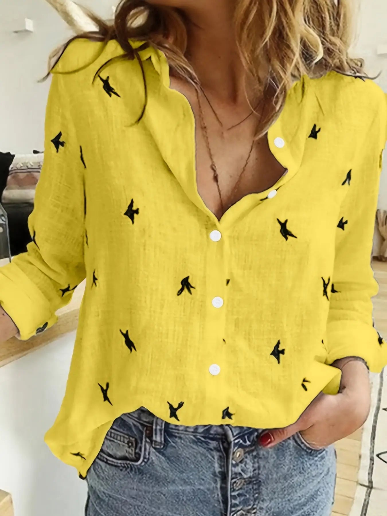 Florentina — Stylish Printed Polyester Shirt With Comfortable Long Sleeve Button Front Yellow