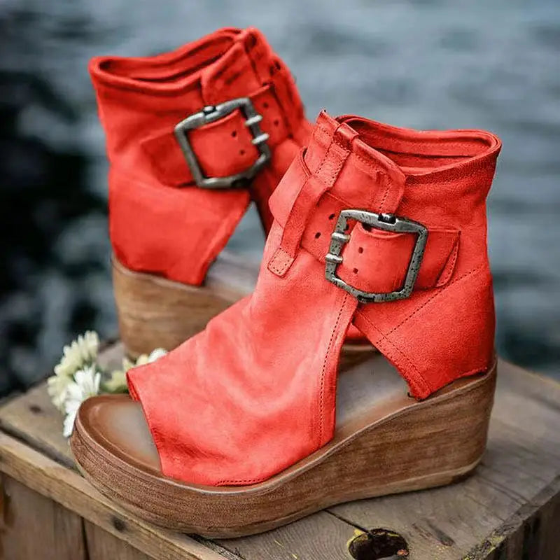 Bohemia — Synthetic Wedge Sandals With Comfortable Supportive Boho Summer Design Red