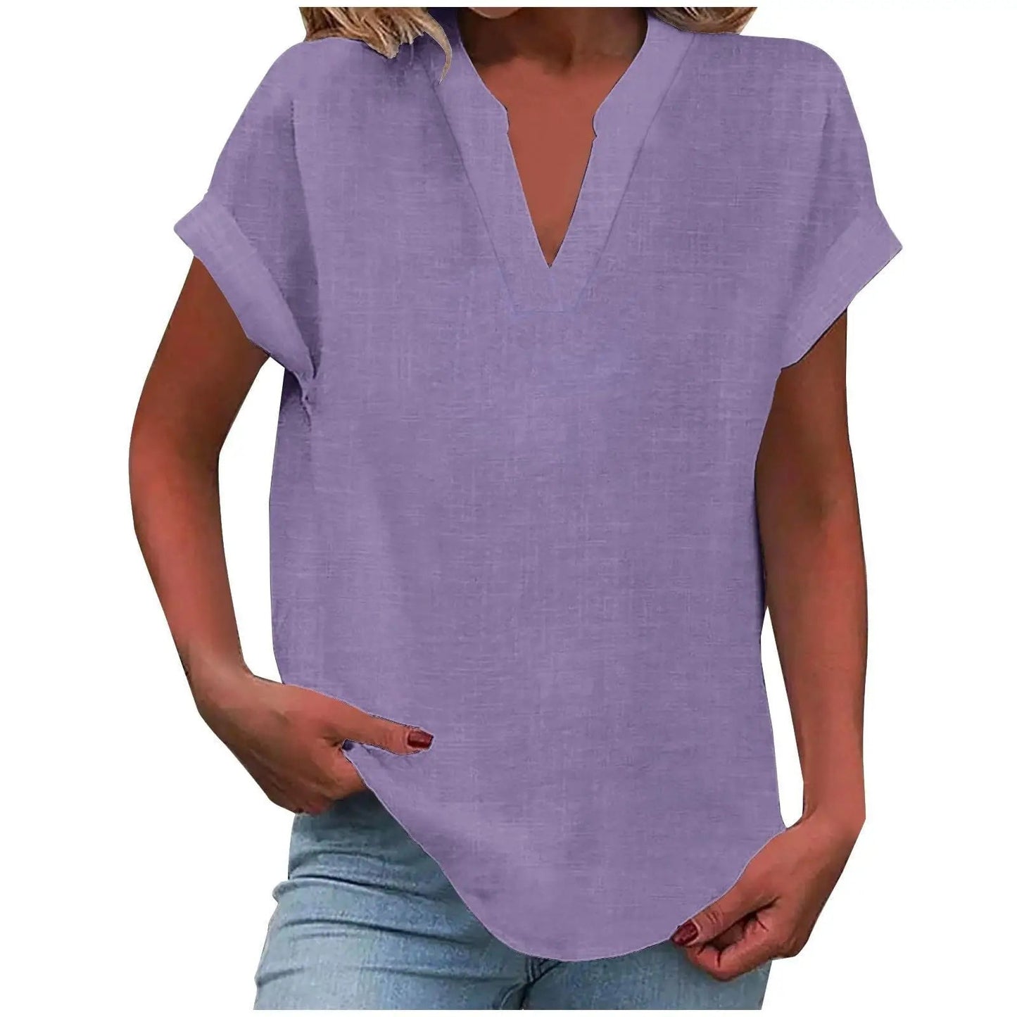 Marisette — Textured V-Neck Blouse With Relaxed Fit Short Sleeve Summer Style Light Purple