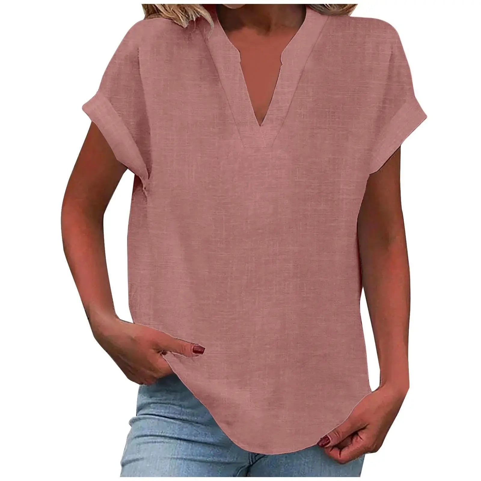 Marisette — Textured V-Neck Blouse With Relaxed Fit Short Sleeve Summer Style Pink