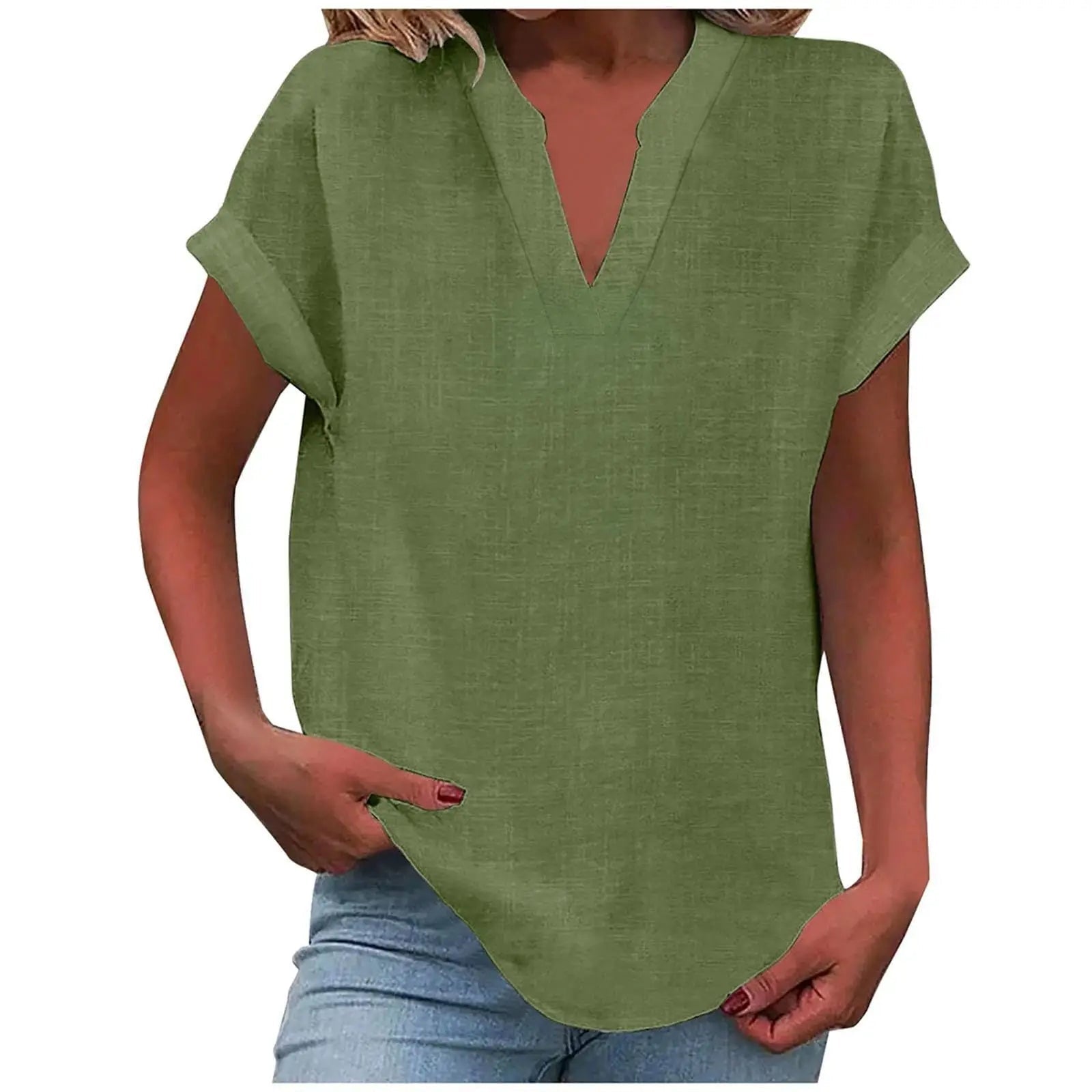 Marisette — Textured V-Neck Blouse With Relaxed Fit Short Sleeve Summer Style Army Green