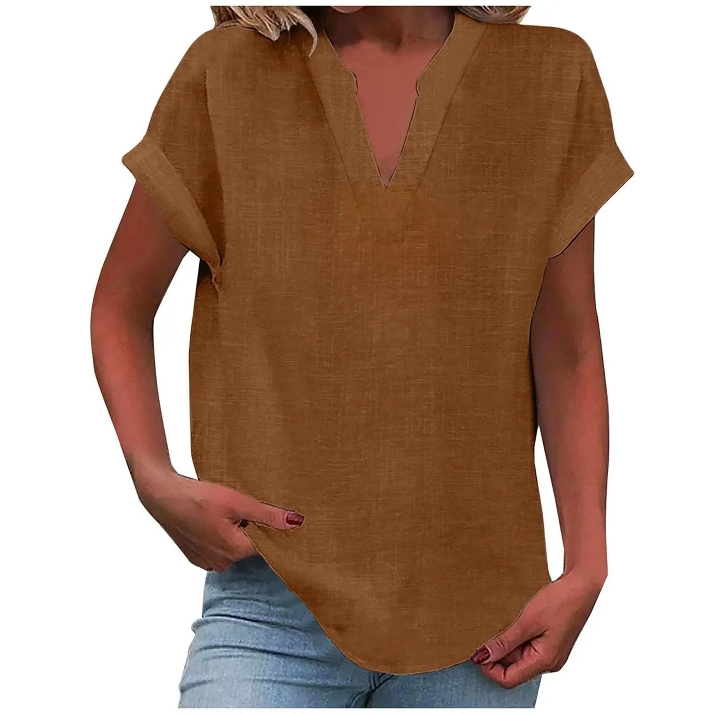 Marisette — Textured V-Neck Blouse With Relaxed Fit Short Sleeve Summer Style Brown