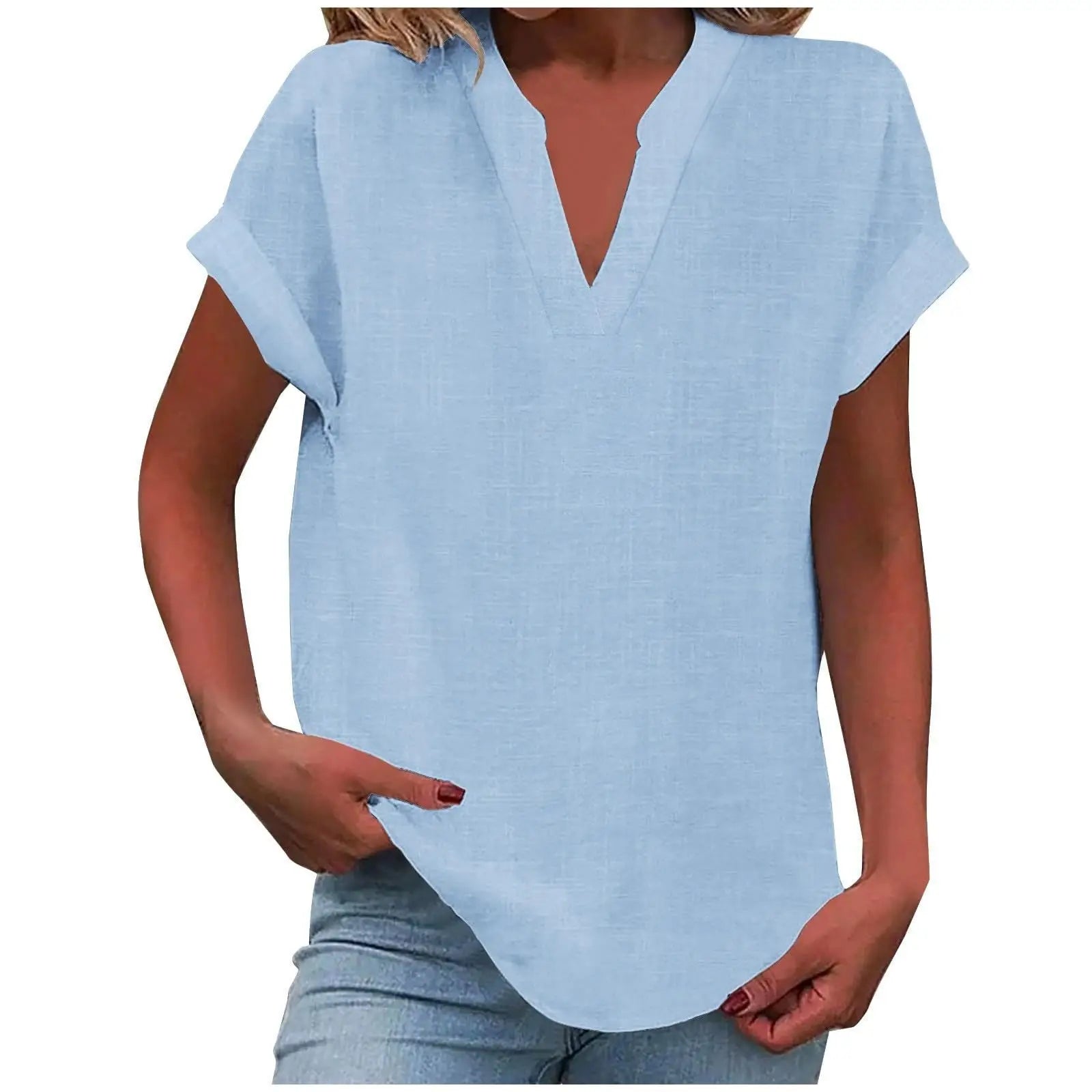 Marisette — Textured V-Neck Blouse With Relaxed Fit Short Sleeve Summer Style Sky Blue