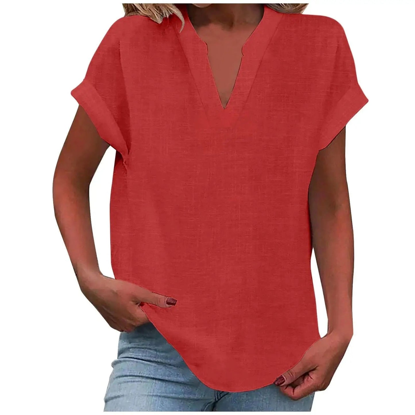 Marisette — Textured V-Neck Blouse With Relaxed Fit Short Sleeve Summer Style Red