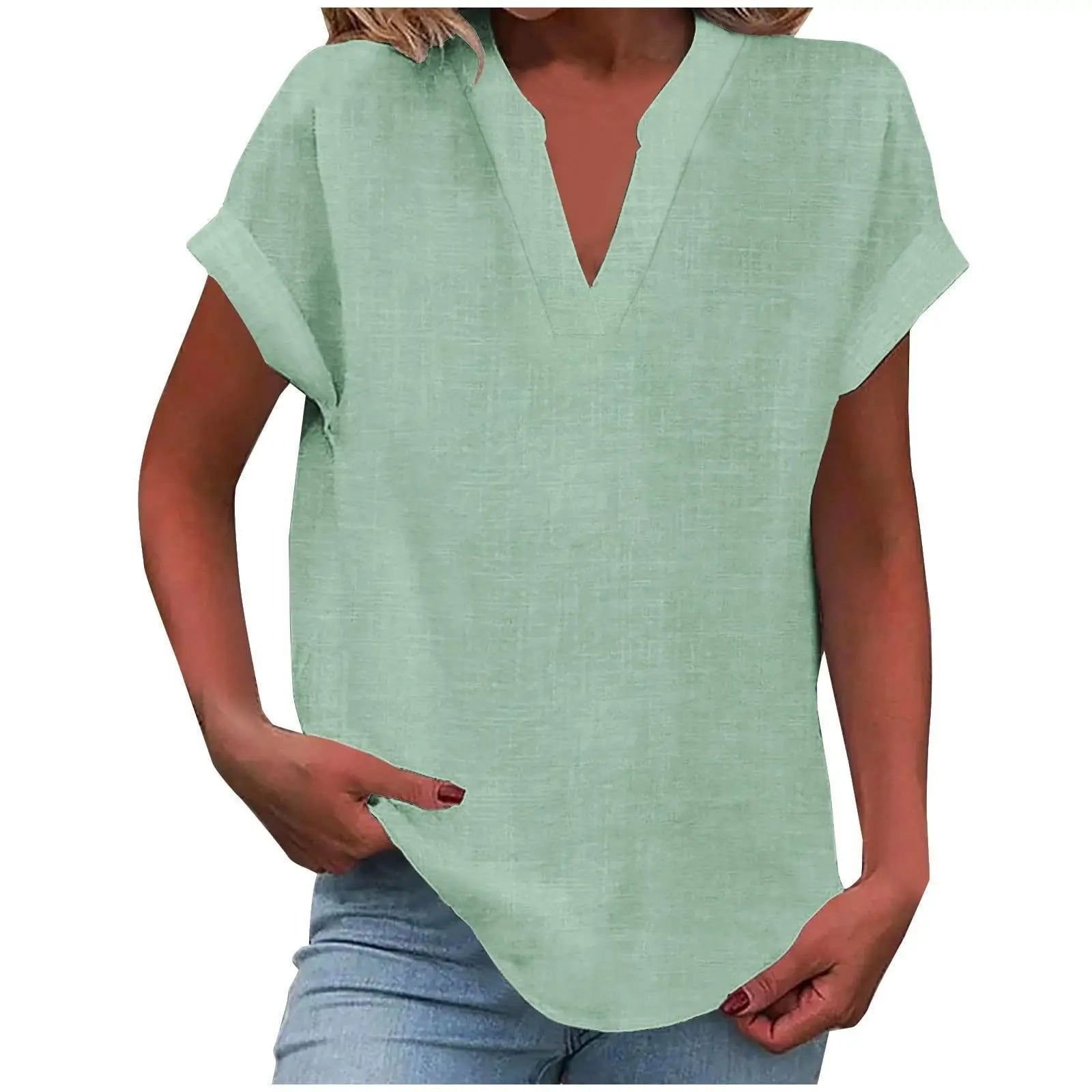 Marisette — Textured V-Neck Blouse With Relaxed Fit Short Sleeve Summer Style Light Green