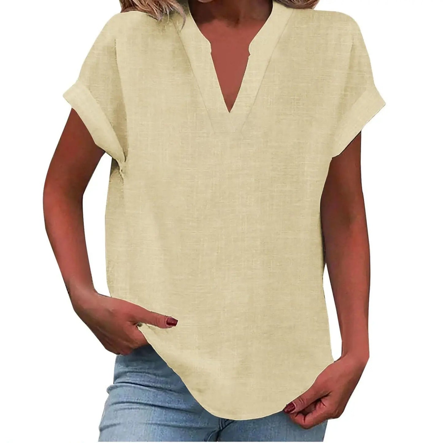 Marisette — Textured V-Neck Blouse With Relaxed Fit Short Sleeve Summer Style Beige